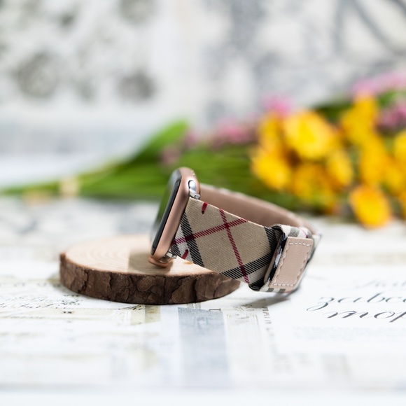 Plaid Checker Apple Watch Band, Leather Band Strap Beige 38/40/41/42/44/45 mm SE - Picture 5 of 9